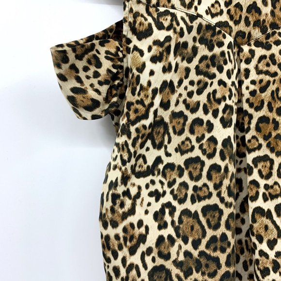 WAYF Top Brown Black Leopard Print Button Blouse Cold Shoulder - Picture 11 of 12